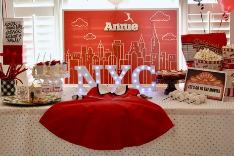 Annie Party.  NYC.  Little Orphan Annie. Tessie.  Annie Musical.  Annie.  Annie Play.  Thespian.  Acting.  Act.  Drama. Party Planner. Annie Play, Annie Musical, Orphan Annie, Movie Night Snacks, Adoption Party, Gold Centerpieces, Goodbye Gifts, Musical Theme, Pre Party