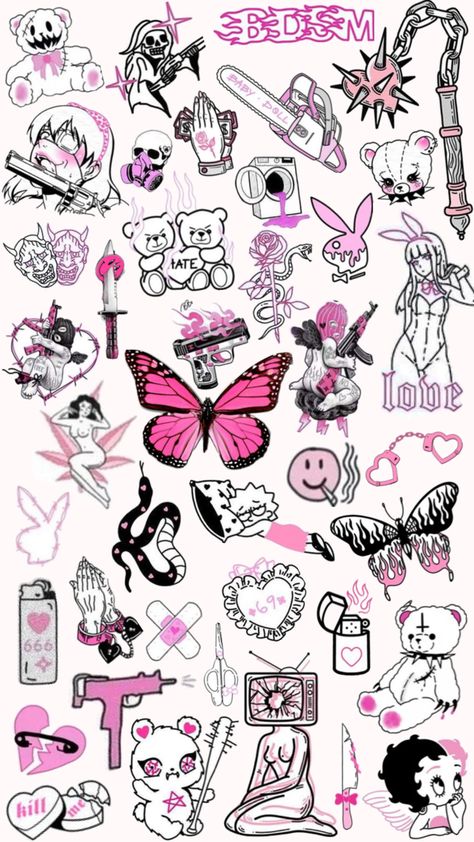 Pink and black tattoo ideas Black Tattoo Ideas, Skull Rose Tattoos, Y2k Stickers, Simple Tattoos For Guys, Cool Tattoo Drawings, Pink Tattoo, Fantasy Tattoos, Kawaii Tattoo, Simple Tattoo Designs