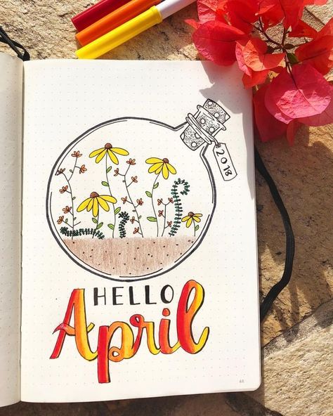 After a month’s break, here’s the April cover page ❤ . Yes it’s not perfect but what bullet journal is . . Inspiration from… April Bullet Journal Cover, April Bullet Journal, Bullet Journal Headers, Bullet Journal Cover, Bullet Journel, Bullet Journal 2019, Hello April, Bullet Journal Cover Page, Bullet Journal Mood