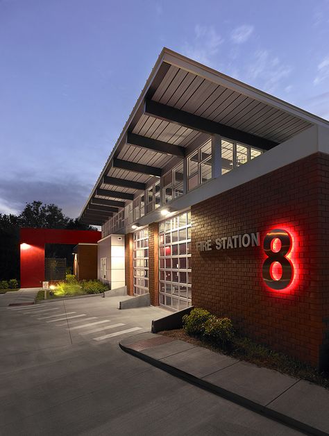 Fire Station No. 8, Saint Petersburg, FL, | Shared by LION Fire Hall, Firefighter Decor, Warehouse Design, Unique Buildings, Hall Design, Fire Apparatus, First Responders, Building Structure, House Fire