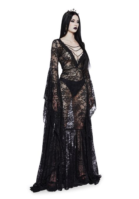 you’re a Victorian splendor in the shadows. This maxi dress has a lace construction, a v-neckline with chain detail and dangling cross charm, long floor-length flare sleeves, and side zipper closure. Gothic Black Dress Long, Black Gothic Long Dress, Black Lace Gothic Dress, Long Lace Black Dress, Goth Victorian Dress, Black Lace Dress With Sleeves, Goth Lace Dress, Gothic Dress Elegant, Black Goth Dress