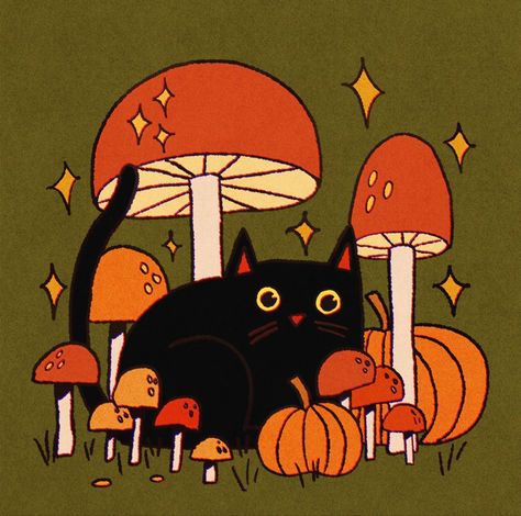 Fall Cats, Spooky Cat, Pumpkin Cat, Adornos Halloween, Doodle Icon, Halloween Illustration, Cat Art Print, Mushroom Art, Autumn Art