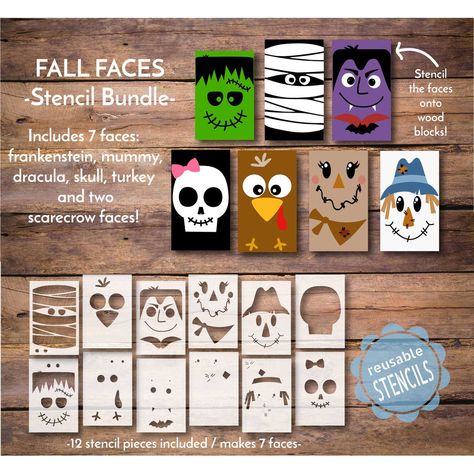 Fall Faces / Stencil Pack Scarecrow Faces, Scarecrow Face, Face Stencils, Turkey Face, Halloween Stencils, Halloween Wood Crafts, Stencils For Painting, Booth Displays, Farmhouse Style Sign