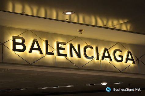 3D LED Backlit Signs With Mirror Polished Gold Plated Letter Shell For Balenciaga Shop Name Board Design Ideas, Led Sign Board Design, Store Front Signs, Shop Sign Board, Steel Signage, Shop Board Design, Name Board Design, Lightbox Signage, Storefront Signage