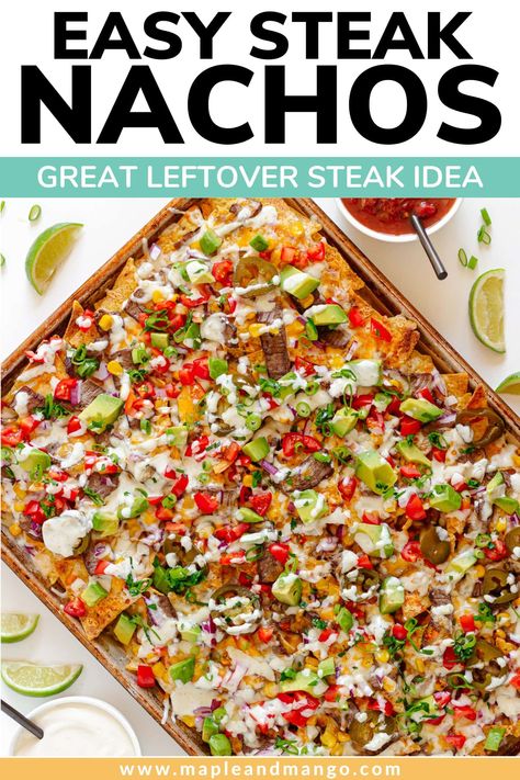 If you’re a fan of nachos (who isn’t?), you won’t be able to resist these cheesy steak nachos! Loaded with thinly sliced steak, melted cheese, all your favorite toppings and a drizzle of salsa verde crema. These nachos are a delicious easy way to use up leftover steak and a total crowd pleaser! | www.mapleandmango.com Leftover Steak Recipes, Veggie Nachos, Nachos Loaded, Steak Nachos, Leftover Steak, Easy Steak, Sliced Steak, Nachos Recipe, Dinner Appetizers