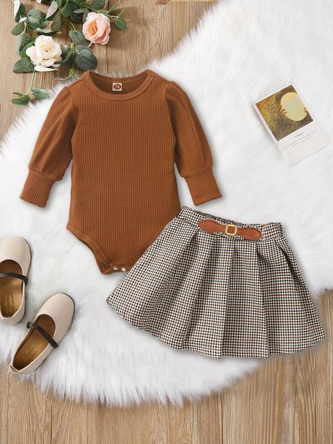 Multicolor Preppy Collar Long Sleeve  Houndstooth  Embellished High Stretch Spring/Fall Baby Clothing Fall Baby Clothes, Leg Of Mutton Sleeve, Printed Pleated Skirt, Fall Baby, Stylish Kids