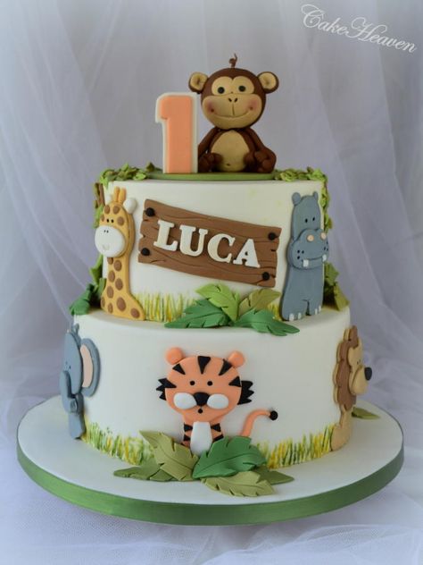 Kue Fondant, Jungle Birthday Cakes, Zoo Cake, Jungle Theme Cakes, 1st Bday Cake, Animal Birthday Cakes, Baby First Birthday Cake, Jungle Cake, Safari Cakes