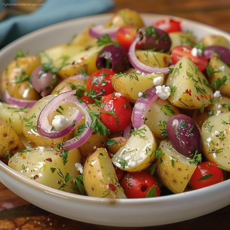 Greek Potato Salad, Greek Style Potatoes, Herbed Potato Salad, Salad Buffet, Dairy Free Salads, Mediterranean Foods, Greek Potatoes, Fresh Salad Recipes, Fresh Salad