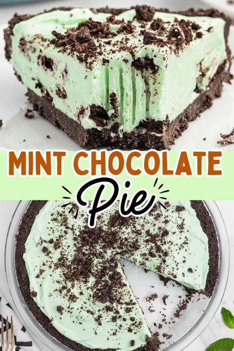 My Mint Chocolate Pie recipe has gone retro! It may have started in Grandma’s kitchen and been inspired by the classic Grasshopper cocktail, but this no bake green dessert is even better because there’s a bit of green booze folded into the mint-flavored filling! #pie #mintchocolate #oreo #oreodessert Mint Chocolate Chip Ice Cream Pie, Grasshopper Cocktail, Mint Pie, Mint Chocolate Desserts, Chocolate Pie Recipe, Green Dessert, Chocolate Cookie Crust, Mint Desserts, Oreo Pie