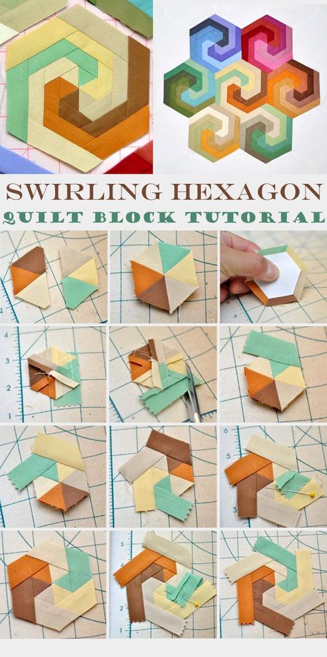 Twisted Hexagon Quilt Free Pattern, Quilt Center Block, Hexagon Block Quilts, Hand Sewing Quilt Blocks, Hexagon Log Cabin Quilt, Modern Hexagon Quilt Ideas, Quilt Block Patterns Free Templates, Hexagon Quilts Ideas Inspiration, Hexagon Quilt Pattern Free