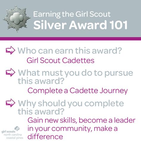 Girl Scouts have the power to bring positive and lasting change to their communities while earning the Girl Scout Silver Award. If you are currently a Girl Scout Cadette and have completed a Cadette Journey, learn how you can start earning the Girl Scout Silver Award! Click here for more information and downloadable guidelines! Cadette Journey, Cadette Girl Scout Badges, Girl Scout Levels, Girl Scout Silver Award, Girl Scout Cadette, Cadette Badges, Girl Scout Meeting Ideas, Service Projects For Kids, Girl Scouts Cadettes