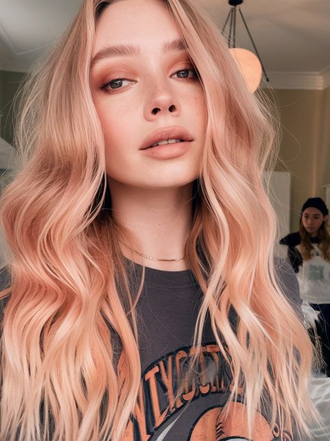 Peach Hair Color 2025: 23 Stunning Ideas from Rose Gold to Coral Pastel with Dark Roots Highlights Platinum Strawberry Blonde, Peach Hair Color Rose Gold, Copper Peach Blonde Hair, Rose Gold Toned Hair, Hair Color With Dark Roots, Coral Balayage, Peach Blonde Hair, Peach Hair Color, Apricot Hair