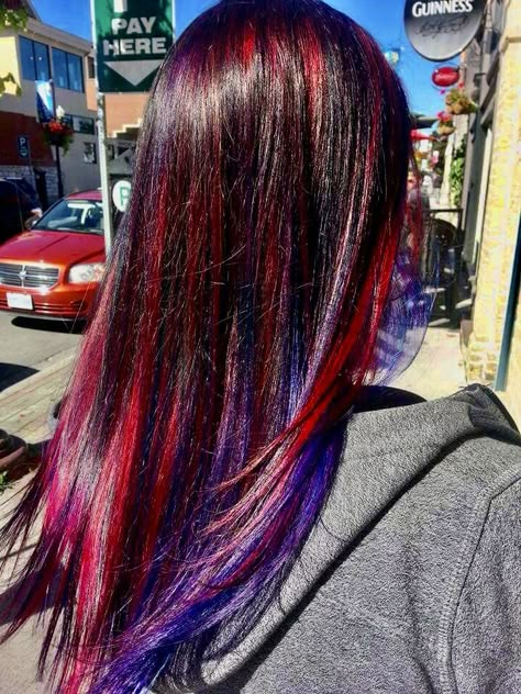 Red Purple Hair With Highlights, Purple Hair Color Ideas Highlights, Blue Purple And Red Hair, Red Blue Hair Color, Dark Purple Hair With Red Highlights, Red And Blue Highlights Hair Color Ideas, Blue And Red Highlights In Black Hair, Black Hair With Red And Purple Highlights, Red Blue Purple Hair Highlights