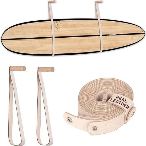 Amazon.com: Hang 11' Surfboard Wall Mount - Hangers for Surf Board Snowboard Longboard Wakeboard, Sustainable Oak & Leather Rack, The Perfect Stand to Display Your Boards, Surfing Accessories for Storage (White) : Sports & Outdoors Surf Board Rack, Surfboard Wall Rack, Wakeboard Rack, Surf Room Decor, Surfboard Storage, Surfing Accessories, Surf Rack, Gear Room, Surfboard Rack