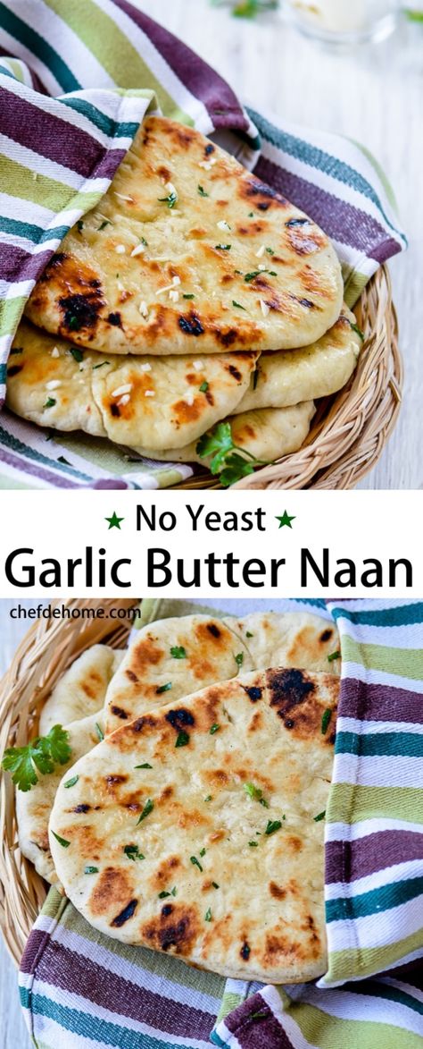 Instant Indian Garlic Naan Bread without yeast for an Easy Indian Dinner at Home | chefdehome.com Butter Naan Recipe, Garlic Naan Bread, Pane Naan, Bread Yeast, Butter Naan, Bread Without Yeast, Pain Naan, Indian Dinner, Garlic Naan