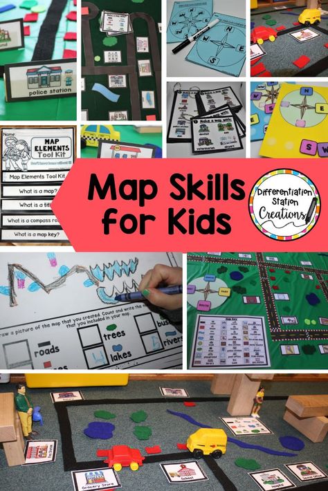 Map skills for kids. Little learners explore maps with hands-on activities, games, and free exploration. Great introduction to maps for preschool, kindergarten, and first grade. Easy to differentiate. Kids will beg to "play" with maps. #mapskills #mapsforkids #kindergarten #firstgrade Map Preschool Activities, Map Activities For First Grade, Maps Activities For Kids, First Grade Map Activities, Maps 2nd Grade, Orienteering Activities For Kids, Map Projects For Kids, Map Skills 2nd Grade, Community Activities For Kids