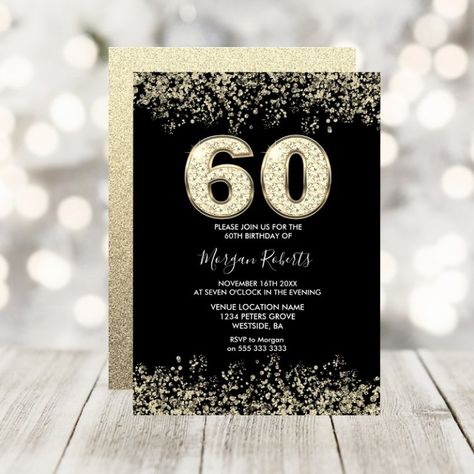 Confetti Invitation, 60th Birthday Party Invitations, Sixtieth Birthday, 60th Birthday Invitations, Black Invitation, Glitter Confetti, 60th Birthday Party, Online Invitations, Invitation Sizes