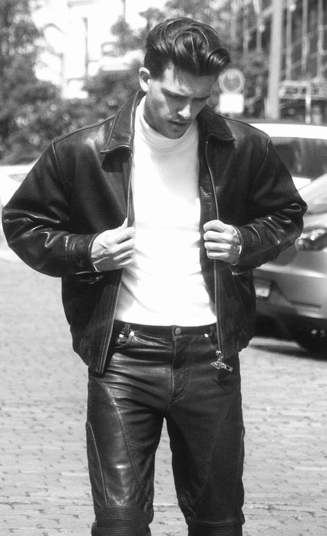 Leather Jacket Aesthetic Male, Leather Jacket Men Aesthetic, Formal Leather Jacket, Greaser Aesthetic, George Michael Poster, Starboy Aesthetic, Bike Leathers, Leather Jacket Style, Leather Trousers