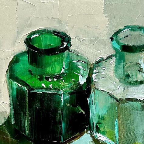 Ans Debije on Instagram: "double shadow - 15 x 15 About a fortnight ago I found and bought two weathered small bottles at a flea market. This dark green and weathered light color bottles say C. Bouhon Bruxelles. I looked it up on the internet and it turns out that they are inkwells from the 1900s-1940s. Between 1870 and 1940, uranium or anna green glass was produced on a fairly large scale. Since uranium glass is currently rarely produced, it is a popular collector’s item. Uranium was usually added in small amounts so that the green or yellow glass fluoresces when illuminated under ultraviolet light.  #artdare #art #painting #oilpainting #stilllife #stillleben #kunst #allaprima #paintanyway #stilllifepainting #artistsoninstagram #paintlooser #artistslife #paintingfromlife #artinspiration # Green Bottle Painting, Bottle Reference, Anna Green, Doodle Painting, Doodle Paint, Green Glass Bottles, Ultraviolet Light, Found Art, Green Bottle