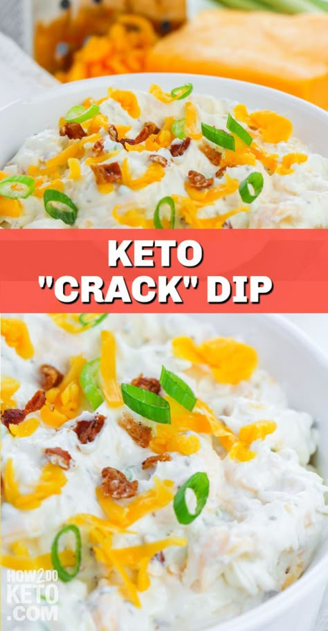 Dip it, spread it, or just eat it with a spoon, Keto Crack Dip is THAT good! And with only 1 gram net carbs per serving, it's guilt free! Bacon Cheddar Ranch Dip, Cheddar Ranch Dip, Keto Easy Recipes, Cheesy Appetizer, Keto Bacon, Celery Sticks, Easy Dip, Keto Easy, Healthy Dips