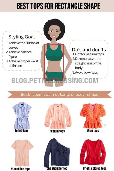 Flattering Clothes For Rectangle Shape, Outfit Ideas For Rectangle Body Shape Summer, Petite Rectangle Body Shape Outfits, Tops For Rectangle Body Shape, Rectangle Outfits, Rectangle Body Type Outfits, Square Body Shape Outfits, Rectangle Body Shape Fashion, Petite Rectangle