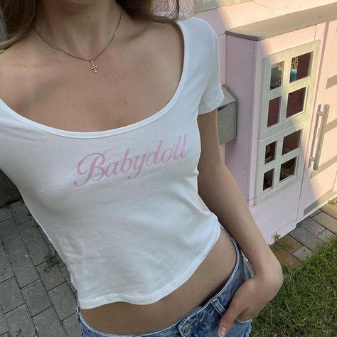 Babydoll Tee #barbiecore - Depop Babydoll Tee, Punk Rock Princess, Embroidery On Clothes, Dress Up Dolls, Recycled Cotton, Infant Tees, Life Style, Diy Clothes, Crop Tops Women