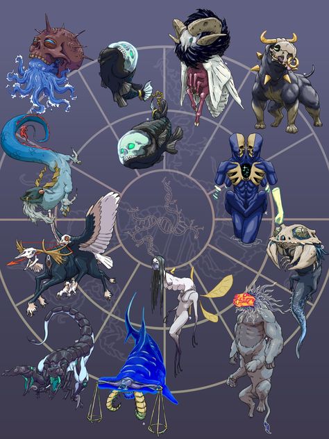 (2) 餅餠 #骨キメラ on X: "十二星座(zodiac sign) https://t.co/0YlEzsGoXk" / X Zodiac Monsters, Dnd Gods, Creature Character, Fantasy Story Ideas, Monster Ideas, Mtg Art, Dnd Ideas, Warcraft Art, Alien Character