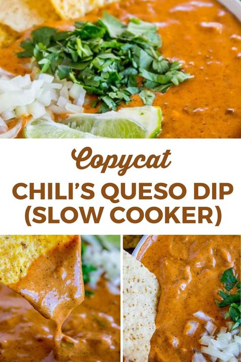 Chili Chip Dip, Cheesy Bean Dip Crockpot, Chilis Skillet Queso Dip Copycat, Chilis Queso Dip Copycat, Crockpot Chili Con Queso, Chilli Con Queso Dip, Chili Con Queso Dip Crock Pot, Easy Queso Dip Crockpot, Copycat Chilis Queso