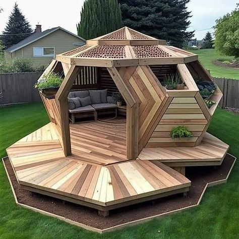 Hexagon Gazebo, Backyard Sitting Areas, Wooden Chair Plans, Chair Woodworking Plans, Geodesic Dome Homes, Garden Cabins, Backyard Layout, Diy Kids Furniture, Beautiful Outdoor Living Spaces