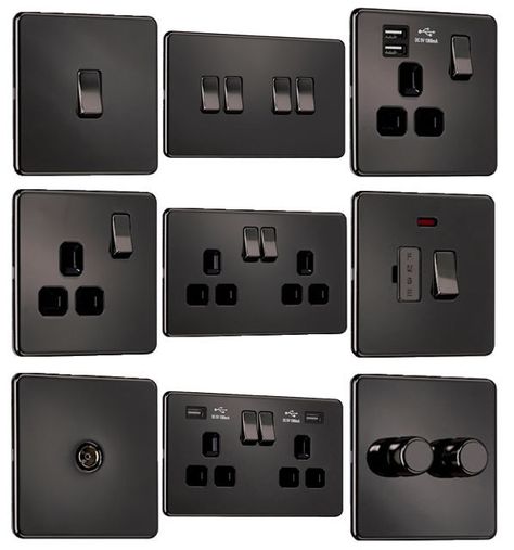 Black Sockets Black Light Switch, Modern Light Switches, Designer Light Switches, Switch Board, Light Switches And Sockets, Home Switch, Switches And Sockets, Electrical Fittings, Lamp Switch