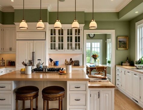 Sage Green Kitchen Walls, Green Kitchen Walls, Sage Kitchen, Dark Green Kitchen, Apple Kitchen Decor, Cream Cabinets, Sage Green Kitchen, Best Kitchen Cabinets, Green Kitchen Cabinets