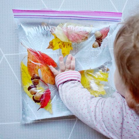 Leaf Sensory Bags, Infant Leaves Activities, Infants Fall Activities, Sensory Leaf Activities, Sensory Bags Fall, Fall Sensory Bags For Infants, Autumn Babies Activities, Infant Fall Activities, Fall Crafts For Infants Daycare