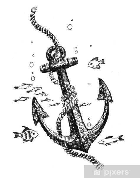 Anchor Drawing, Under The Sea Drawings, Underwater Shipwreck, Anchor Illustration, Sea Drawing, Ink Water, Water Illustration, White Drawing, Creative Poster