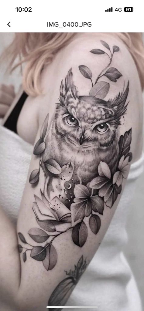 Owl Hip Tattoos Women, Owl And Cherry Blossom Tattoo, Owls And Flowers, Scary Owl Tattoo, Feminine Color Tattoos, Feminine Owl Tattoo Ideas, Owl Shoulder Tattoo, Owl And Flower Tattoo, Owl Tattoo For Women Unique