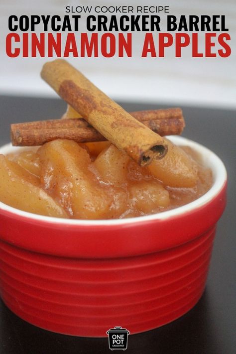 Copycat Cracker Barrel Cinnamon Apples - The Slow Cooking Club Cracker Barrel Apples Recipe Crockpot, Crockpot Spiced Apples, Copycat Cracker Barrel Apples, Canning Cinnamon Apples, Cracker Barrel Cinnamon Apples, Cracker Barrel Apples, Crockpot Cinnamon Apples, Cinnamon Apples Crockpot, Cracker Barrel Apples Recipe