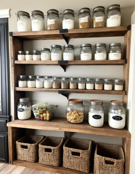 41 Pantry Design Ideas To Maximize Space And Style In Your Kitchen Reach In Pantry Ideas, Open Shelf Pantry Organization, Shelving Pantry Ideas, Kitchen Extra Storage Ideas, Pantry Decor Ideas, Food Pantry Ideas, Pantry Shelves Diy, Small Pantry Shelving Ideas, Rustic Kitchen Pantry