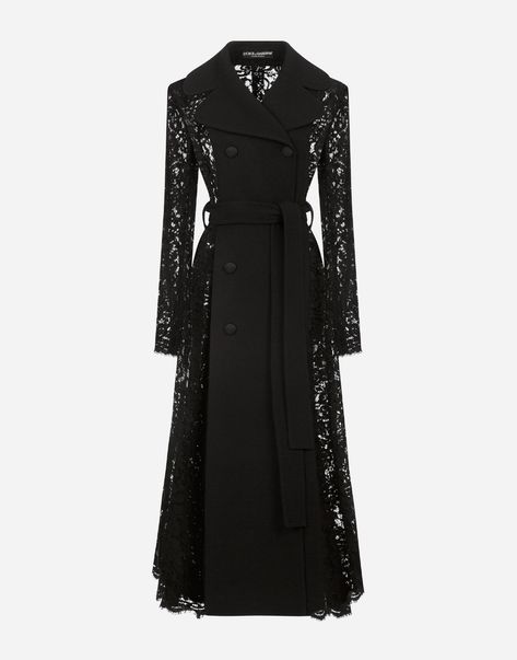 Belted double-breasted crepe and lace coat Abaya Noir, Dolce Gabbana Belt, Lace Coat, Dolce E Gabbana, Abayas Fashion, Lace Insert, Double Breasted Coat, Dolce & Gabbana, Long Coat