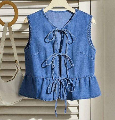 Ruffle Tops For Women, Denim Tops Women, Denim Vest Women, Vest Denim, Chaleco Casual, Denim Waistcoat, Sewing Clothing, Casual Tie, Plain Tops