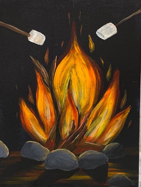 Fall Easy Acrylic Painting Ideas, Campfire Chalkboard Art, Fall Night Painting, Camping Paintings On Canvas, Fall Sip And Paint Ideas For Beginners, Easy Painting Ideas On Canvas Fall Theme, October Paintings Easy, Paint Nite Paintings, Adventure Canvas Painting