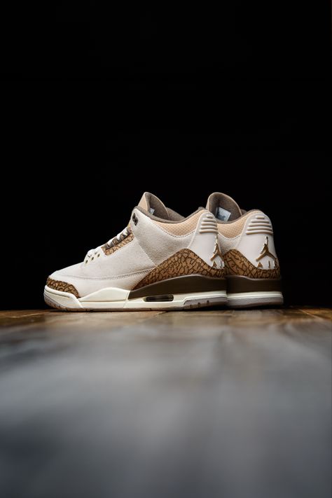 Brown Jordan 3, Jordan 3 Palomino, Shoes Fashion Photography, Nike Air Shoes, Sneakers Addict, Air Jordan 3, Newest Jordans, Perforated Leather, Jordan 3