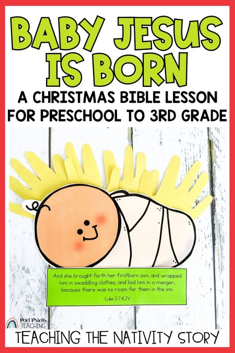 Celebrate the birth of Jesus with kids in preschool, kindergarten, and early elementary! Explore these  printable craft ideas, detailed background information, and creative activity suggestions for Sunday School or Children's Church. Perfect for sharing the true meaning of Christmas at home or at church! Jesus Is Born Craft Preschool, Jesus Is Born Craft For Kids, Christmas Bible Lessons For Kids, Christmas Bible Story, Shepherds And Angels, Bible Story Lessons, Christmas Story Bible, Thanksgiving Bible Lesson, The Ten Lepers