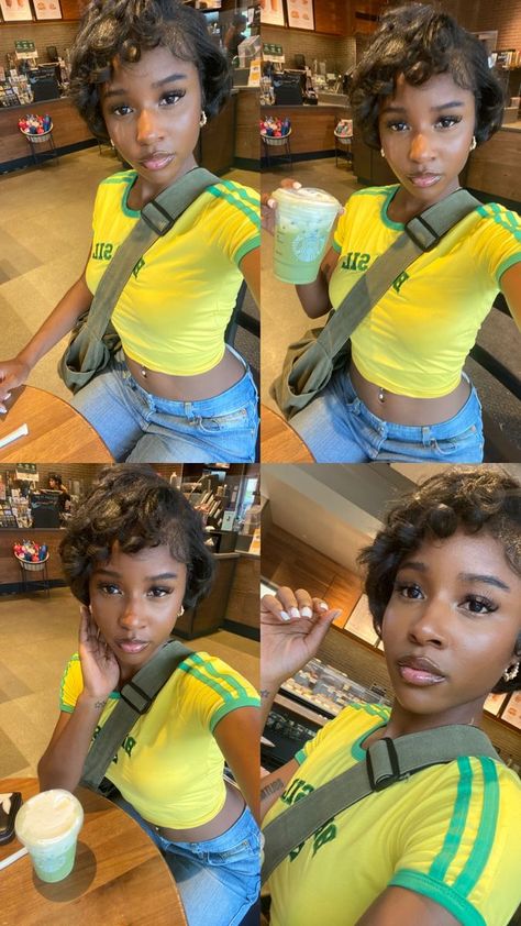 ˚୨୧⋆ @bella2angel Jaida Bunni Aesthetic, Pixie Fashion Outfits, Jaidabunni Outfits, Pixie On Black Women, Short Hair Outfits Black Women, Jaida Bunni Outfits, Short Curly Hairstyles Black Women, Pixie Cut Black Women Natural Hair, Jaida Bunni