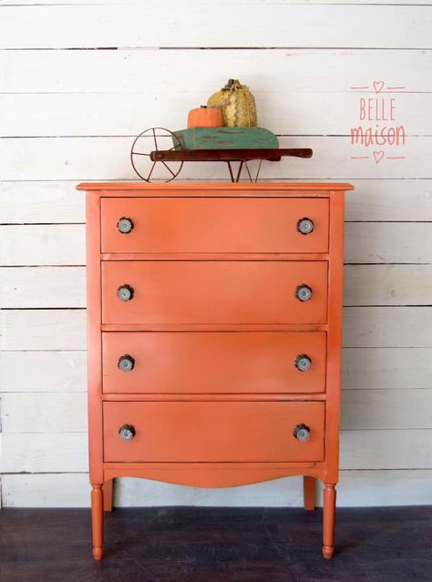 "This taste of fall weather inspired us to do a pop of Persimmon Milk Paint by General Finishes on this adorable chest. It is the perfect pop of color that would be lovely in any room!" Jade Bedroom, Orange Painted Furniture, Coloured Furniture, Orange Furniture, Chalk Painting, Shabby Chic Dresser, General Finishes, Furniture Rehab, Painted Dresser