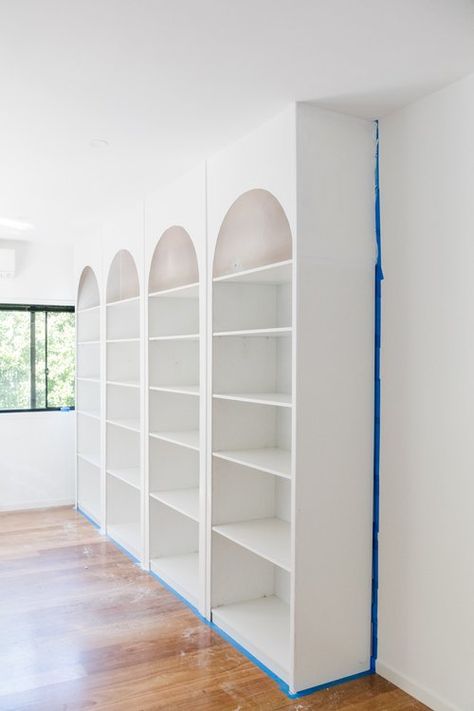 DIY Arched Wall Library — Smor Home Arched Library Wall, Arched Library, Arched Shelves, Fireplace Built Ins Diy, Wall Library, Billy Hack, Clay Pipe, Bookshelf Room, Arched Wall