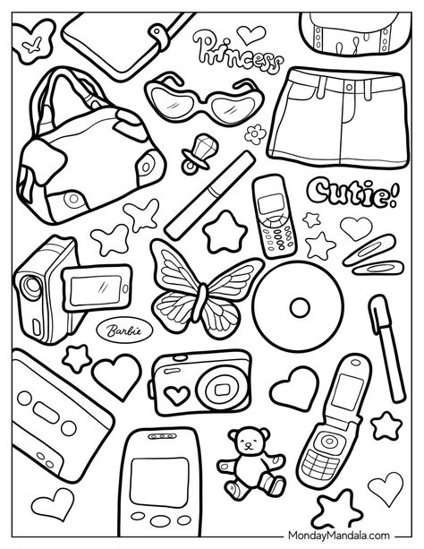 Y2K Coloring Pages: Free printable PDFs for adults and kids. #Y2K #Coloring #Pages . #Simple_Aesthetic_Coloring_Pages #Coloring_Pages_2000s #Decades_Coloring_Pages #Tiktok_Coloring_Pages Simple Aesthetic Coloring Sheets, Y2k Coloring Pages People, 90s Coloring Pages, Coloring Pages Y2k, Y2k Coloring Pages, Coloring Pages Anime, Doodle Coloring Pages, Back To The 2000s, Retro Pop Culture