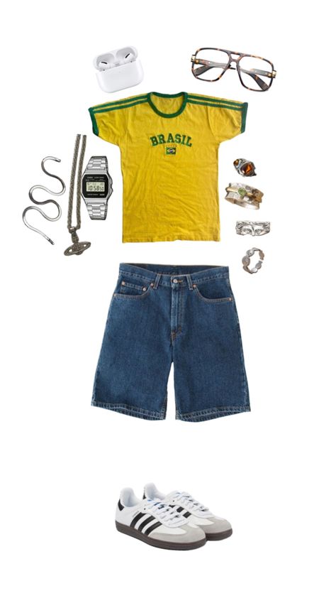 Brazil shirt, jort, samba outfit Brazil T Shirt, Brazil Shirt, Samba Outfit, Cute Dress Outfits, Korean Casual Outfits, Latina Fashion, Simple Fits, Casual School Outfits, Tshirt Outfits