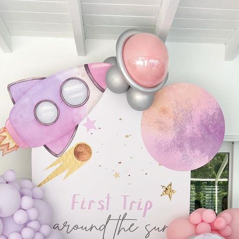 Galaxy Theme 1st Birthday Party, First Birthday Themes April, Pink Space Theme Party, Pastel Space Birthday Party, Over The Moon Party Theme, Pink Space Birthday Party, Girly Space Themed Birthday Party, Galaxy First Birthday Party, First Trip Around The Sun Girl Birthday Party Girl