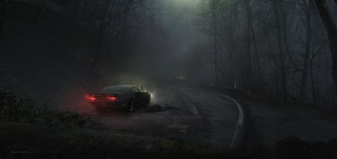 Dark Night, Andrea Mancarella on ArtStation at https://www.artstation.com/artwork/AlOze Car Lights At Night, Call Of Cthulhu Rpg, Southern United States, Apocalypse Art, Forest Road, Strange Places, Paranormal Activity, Post Apocalypse, Cinematic Photography