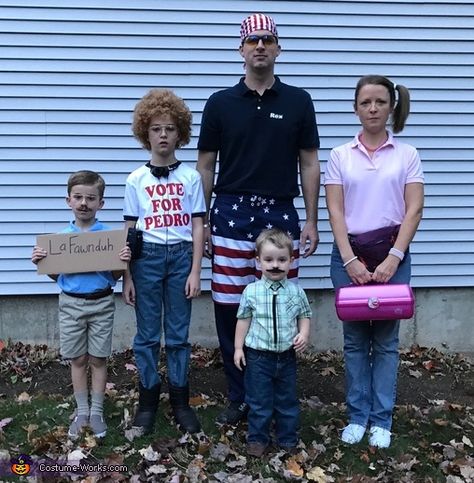 My wife created costumes for me and our three sons. We purchased items from various stores and watched the 2004 movie to get as much detail as possible. Napoleon Dynamite Family Costume, Napoleon Dynamite Prom, Napoleon Dynamite Costume, 2017 Halloween Costumes, Crane Machine, Homemade Costume, Costume Works, Napoleon Dynamite, Halloween Costume Contest