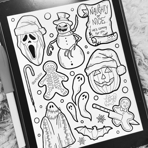 Horror Christmas Drawing, Spooky Christmas Tattoo Flash, Christmas Ghost Tattoo, Creepmas Tattoo, Creepy Christmas Drawing, Christmas Friday The 13th Tattoos, Spooky Christmas Tattoo, Christmas Flash Tattoo, Christmas Tattoo Flash